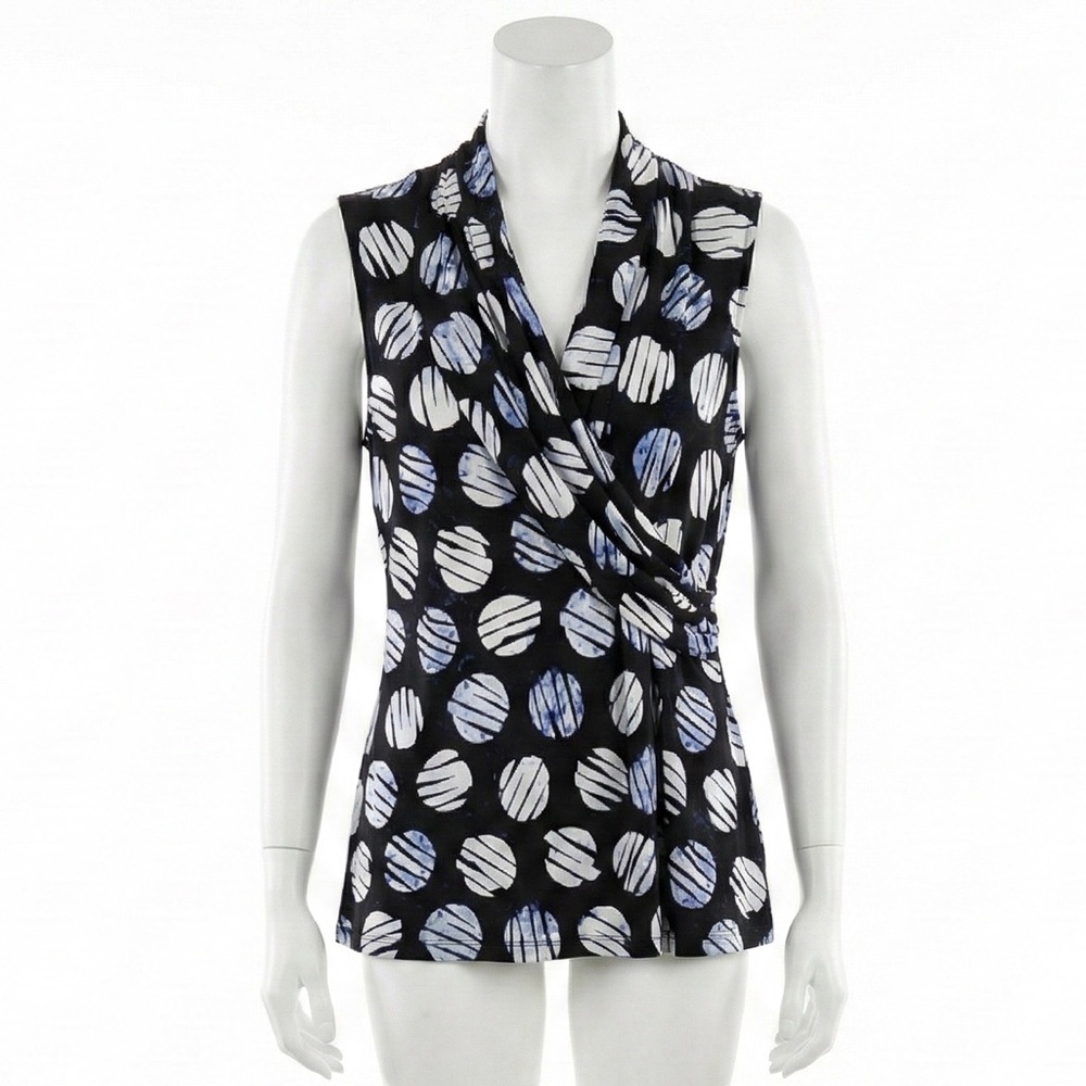 DKNY Black White Abstract Circle Print Sleeveless Surplice Draped Top Size XL